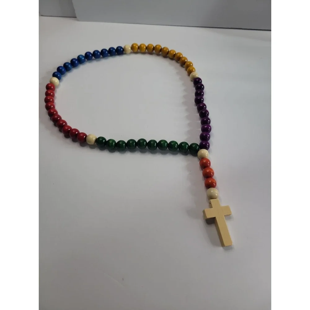 Multicolor Beaded Cross Necklace Chunky Rainbow Boho Statement Pendant